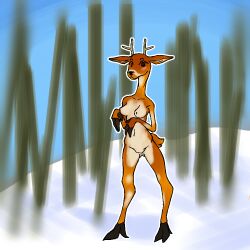 1girls anthro antlers breasts brown_fur c2d2 cervid color deer deer_ears digital_media_(artwork) female female_focus furry hooved_fingers hooves looking_at_viewer medium_breasts nude outdoors scut_tail shaded sky snow tree two_tone_body woods