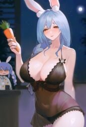 2girls absurdres animal_ear_fluff animal_ears animal_print arm_behind_back black_nightgown black_panties blue_hair breasts carrot carrot_print cleavage commentary covered_navel cup english_commentary food_print full_moon hair_between_eyes hand_up highres holding holding_carrot hololive hololive_fantasy hololive_japan holomilfs large_breasts light-skinned_female light_skin long_hair looking_at_viewer mature_female mole mole_under_eye moon mother_and_daughter mug multicolored_hair multiple_girls night night_sky nightgown pajamas panties pekomama print_pajamas rabbit_ears rabbit_girl rabbit_print red_eyes short_eyebrows sky smile thick_eyebrows tomatoketchup96 underwear virtual_youtuber