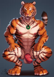 1boy 2016 abs anthro barbed_penis black_fur crouching erection feet feline fur furry glans glossy hybrid_penis jewelry knot male male_only mammal navel necklace nipples nude orange_fur paws penis pink_nipples pink_nose pink_penis simple_background solo stripes testicles text tiger valderic_blackstag white_fur yellow_eyes