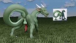 2022 3d_(artwork) anus ass balls digital_media_(artwork) dragon feral genitals grass horn looking_at_viewer looking_back looking_back_at_viewer male mythological_creature mythological_scalie mythology narse penis plant rear_view reference_image roxaszy98 scalie solo wingless_dragon