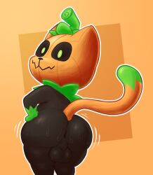 anthro anus ass ass_focus asshole balls black_body black_eyes femboy furry halloween looking_at_viewer meowny pumkat pumpkin pumpkin_head shortstack smile smiling smiling_at_viewer, wet