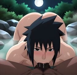 2boy ai_generated arched_back blowjob blush blushing dark_hair erect_penis ikntlive looking_at_viewer m/m male/male male_only naked naked_male naruto_shippuden night night_sky onsen penis penis_in_mouth pov sasuke_uchiha staring wet wet_body