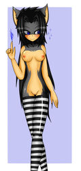 2016 amateur_artist anthro black_hair blue_eyes breasts clothing female fur grey_fur hair hazeker hedgehog jewelry legwear long_hair magic mammal necklace nipples nude pussy shina_matsuki simple_background smile solo stockings striped striped_legwear striped_stockings stripes thigh_highs