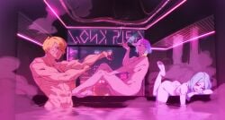 3girls abs bath bathhouse bathing blonde_hair casual cd_projekt_red completely_nude cyberpunk:_edgerunners cyberpunk_2077 dorio_(edgerunners) feet feguimel female female_only human laying_on_stomach lucyna_kushinada multicolored_hair multiple_girls muscular_female nude pale_skin rebecca_(edgerunners) sauna sitting soles studio_trigger toes wet