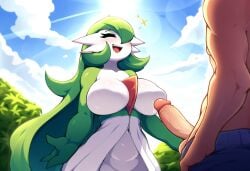 1boy ai_generated assertive_female big_breasts erection female gardevoir imminent_sex long_hair mullon novelai outdoors pokemon pokemon_(species) pokemon_rse pokephilia seductive