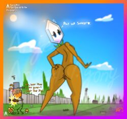 ]femdom agonywelds ass back_view grass hand_on_butt leaf looking_down magnifying_grass_(pvz) plant plant_girl plants_vs_zombies pussy sideboob smaller_male spread_anus spread_pussy taller_girl text thick_ass thick_thighs thighs