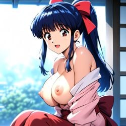 1girls ai_generated big_breasts blue_hair breasts breasts_out brown_eyes busty female female_only hair_ribbon hi_res japanese_clothes large_breasts long_hair looking_at_viewer nipples open_mouth ponytail sakura_shinguji sakura_wars sega smile solo voluptuous