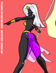 2015 alien armor ass bra bracers duck_dodgers female flag headdress holding_object inspector97 loincloth pelvic_curtain pointing purple_eyes pussy queen_tyr'ahnee rear_view red_background see-through simple_background solo underwear white_hair