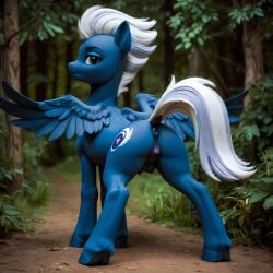 ai_generated blue_fur crotchboobs equine equine_anus equine_genitalia equine_pussy female female_only feral forest_background friendship_is_magic looking_at_viewer looking_back my_little_pony night_glider_(mlp) presenting_anus presenting_pussy solo_female trees white_hair wings