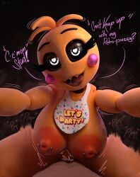 3d 3d_(artwork) animatronic areolae big_breasts breasts cowgirl_position dialogue eyelashes female five_nights_at_freddy's five_nights_at_freddy's_2 human humanoid looking_at_viewer looking_pleasured lovetaste_chica male male/female middlesstorky nipple_piercing nipples pussy robot robot_girl sharp_teeth storky_middles toy_chica_(fnaf) vaginal_penetration yellow_fur