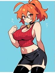 ahoge ai_generated bare_shoulders bell_choker black_skirt black_thighhighs blue_background breasts choker cleavage female glasses large_breasts midriff navel nipple_bulge orange_eyes orange_hair ponytail red_tank_top simple_background skindentation skirt sleeveless solo tank_top thighhighs zorkpics