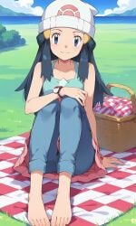 ai_generated blue_eyes blue_hair dawn_(pokemon) game_freak looking_at_viewer nintendo outdoors picnic picnic_basket picnic_blanket pokemon pokemon_dppt smile solo