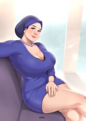 big_breasts black_bra crossed_legs hijab hijabolic looking_at_viewer milf mother thighs