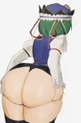 1girls ass ass_focus big_ass clothed colored eiki_shiki female female_only green_hair hands_on_ass hat huge_ass no_background nyztsune solo touhou