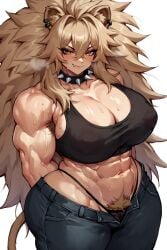 1girls abs ai_generated animal_ear_fluff armpit_hair bangs big_ass big_breasts brown_hair choker clothed ear_piercing fangs female front_view gym_topwear jeans lion_ears lion_girl lion_tail long_hair looking_at_viewer muscular muscular_female pubic_hair pubic_hair_peek solo solo_female spiked_choker spiked_collar spiky_hair sweaty thong very_long_hair white_background wide_hips yellow_eyes