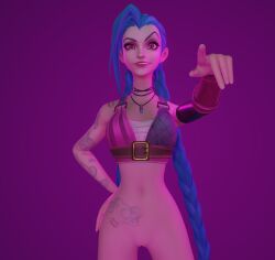 1female 1girls arcane arcane_jinx blue_hair bottomless bottomless_female crazy_eyes female half-dressed jinx_(league_of_legends) moheza pointing_at_viewer purple_eyes topwear topwear_only video_game video_games