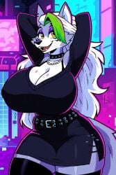 ai_generated alternate_breast_size alternate_costume anthro breasts_bigger_than_head cleavage collar exposed_shoulders eyeshadow female_focus female_only five_nights_at_freddy's five_nights_at_freddy's:_security_breach fnaf furry furry_female furry_focus furry_only giant_breasts hands_behind_head large_breasts long_hair majorfluffy makeup mature_female narrow_waist novelai pearl_necklace roxanne_wolf_(fnaf) smile sweater thick_thighs thigh_highs tight_clothing waist_belt white_hair wide_hips