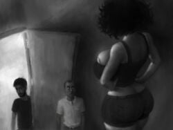 1girls 2boys aas ass big_ass big_breasts big_butt black_hair breasts clothed clothed_female clothed_male dark-skinned_male dark_skin giantess isabel isabel_(kazarinka) kazarinka_(artist) light-skinned_female light_skin looking_down looking_up mini_giantess opening_door pale-skinned_female pale_skin