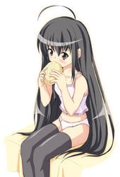 black_hair bread brown_eyes camisole food long_hair melon_bread meronpan panties shakugan_no_shana shana sitting thighhighs underwear white_panties