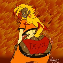 1girls ass big_ass big_butt chrystol_defuego_(spectatostudios) dark-skinned_female earring earrings female female_only fire oc original_character solo solo_female specnsfw sweat sweaty sweaty_ass sweaty_butt tail twerking yellow_eyes