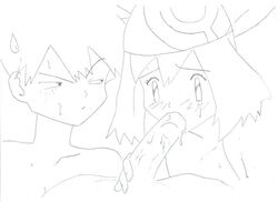 bandana fellatio female human human_only humanoid kasumi_(pokemon) male may_(pokemon) monochrome monochrome_bandana multiple_females nintendo oral penis pokemon straight_hair