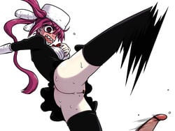 1boy 1girls angry ass black_dress bleach blush censor_bar censored dokugamine_riruka dress female fullbringer hanyapunifu hat kicking long_hair male no_panties open_mouth penis purple_eyes purple_hair pussy solo_focus speed_lines spread_legs sweat thighhighs tied_hair twintails very_long_hair