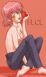 1girls breasts carozzi feet female flcl food haruko_haruhara kikumaru_bunta molitalia nipples pink_hair pomalora red_background short_hair solo title_drop tomato tongue_out topless yellow_eyes