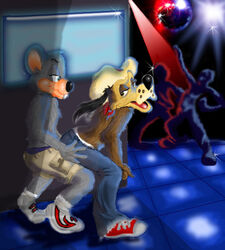 2007 2boys anthro anthro_only canine chuck_e_cheese chuck_e_cheese_(franchise) cowboy_hat dance_floor detailed digital_art digital_drawing digital_media disco_ball dog gay grinding hat homosexual jasper_t_jowls jeans khakis lap_dance male male/male male_only mouse murid public rodent shirtless shirtless_male shorts tagme