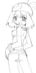 ass back_view bandana breasts copo_deluxe female female_only human human_only looking_back may_(pokemon) monochrome monochrome_bandana nintendo pokemon solo standing straight_hair tagme vulva