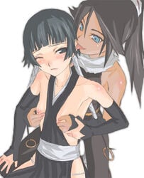 2girls black_hair bleach blush breast_grab breasts dark-skinned_female dark_skin ear_lick ear_licking female female_only gloves interracial licking multiple_girls nipple_tweak nipples ponytail shihouin_yoruichi shimano_natsume soifon tied_hair tongue_out yuri