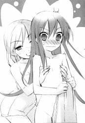 blush breast_grab breasts cleavage female flat_chest highres itou_noiji monochrome multiple_girls naked_towel naughty_face nude shakugan_no_shana shana surprised towel wavy_mouth yuri