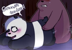 2017 all_fours anal anal_sex bear bed blush cartoon_network cold_sweat doggy_style drooling english_text from_behind_position grizzly_(wbb) grizzly_bear inside male mammal overweight panda panda_(wbb) penetration saliva sex tears text toragoru we_bare_bears yaoi