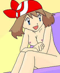 bandana bandana_only breasts color female female_only human human_only may_(pokemon) nintendo nude pokemon red_bandana sitting solo straight_hair