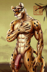 anthro balls big_eyes bleakcat feline furry hand_on_chest looking_at_viewer male male_only muscles penis red_eyes solo spots whiskers