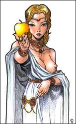 blonde_hair braids breast_exposed cleavage dark_eyes female female_only goddess goddess_of_spring holding_apple idunn immortal immortality large_breasts magic_apple mythology norse_mythology offering offering_food public_domain tcatt white_robe wristband