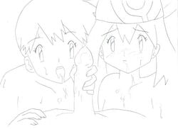 bandana_only bare_shoulders blush cum cum_on_face erection female handjob human human_only kasumi_(pokemon) male may_(pokemon) monochrome monochrome_bandana multiple_females nintendo nude penis pokemon pokemon_rgby pokemon_rse sketch straight_hair sweat