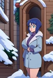 1girls ai_generated bangs blue_hair coat female female female_focus female_only laurie_lowell outdoors outside pantheon_(series) safe safe_for_work short_hair snow snowy snowy_background solo solo_female solo_focus trees winter_boots winter_clothes winter_coat winter_jacket