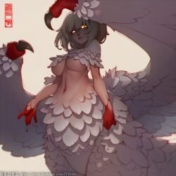 blonde_hair blood breasts chimera dungeon_meshi falin_touden falin_touden_(chimera) feathered_wings feathers female from_below large_breasts looking_at_viewer medium_hair monster_girl simple_background solo watermark web_address white_feathers white_wings wings yellow_eyes zhaoyebai