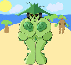 2girls areolae beach black_sclera breast_grab breasts brown_skin cacturne eyelashes female green_skin half-closed_eyes huge_breasts looking_at_viewer multiple_girls nintendo nipples nora nude outdoors pokemon pokemon_(species) pokemon_rse pussy red_eyes sand smile standing tami_(elfdrago) tami_(metachoke) thigh_gap tropius video_games whiteyounglink2 yellow_eyes