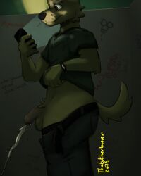4:5 absurd_res anthro average_penis bathroom belt bodily_fluids bottomwear boxers_(clothing) brown_eyes brown_nose canid canine cellphone cheek_tuft clock clothed clothing clothing_lift crotch_tuft denim denim_bottomwear denim_clothing dim_lighting electronics facial_tuft film_grain foreskin fur genital_fluids genitals graffiti graffiti_on_wall green_clothing green_shirt green_topwear hi_res humanoid_genitalia humanoid_penis jack_(thatotherboner) jeans male male_peeing mammal pants peeing penis phone pink_penis pubes public_restroom restroom_stall shaded shirt shirt_lift smartphone smartwatch solo tail thatotherboner topwear tuft underwear urine urine_drip urine_stream watch watersports whisker_spots yellow_body yellow_fur
