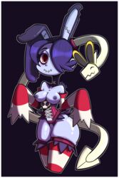 absurd_res areola breasts clothed clothing duo fake_ears fake_rabbit_ears female hair hair_over_eye hi_res jomokin leviathan_(skullgirls) nipples purple_hair pussy red_eyes skullgirls smile squigly video_games