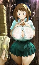 1girls ? ai_generated alley button_gap clothed erect_nipples erect_nipples_under_clothes floresai gigantic_breasts holding_money huge_breasts narrow_waist nipples_visible_through_clothing no_bra offering_money offering_sex patreon patreon_url patreon_username prostitution uraraka_ochako voluptuous voluptuous_female wide_hips