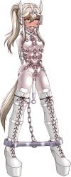 animal_ears armbinder arms_behind_back bit_gag blinders blonde_hair bodysuit bondage boots bound bound_arms breasts bridle chains fake_animal_ears fake_tail falalalalalalal female full_body gag gag_harness grey_eyes harness heel-less_heels highres hoof_shoes horse_ears horse_tail long_hair looking_at_viewer object_insertion original platform_boots pony_play ponytail posture_collar shiny_clothes skin_tight small_breasts solo spreader_bar standing tail thigh_boots vaginal_object_insertion vaginal_penetration white_background white_bodysuit