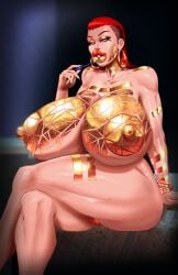 applying_lipstick areolae bimbo bimbo_body bimbo_lips breasts female functionally_nude functionally_nude_female gigantic_breasts gold gold_armband gold_jewelry gold_pasties gold_wristband golden_week hoop_earrings hoop_earrings_oversized hotsriracha hourglass_figure huge_breasts huge_lips large_lips looking_at_viewer nipples pasties pink_hair puffy_areola puffy_lips puffy_nipples red_hair red_lipstick spice_(hotsriracha) thick_thighs thin_waist undercut wide_hips