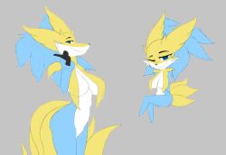 black_eyes blue_background blue_eyes blush claws closed_mouth creature fox_ears full_body furry grey_background half_closed_eyes happy holding holding_hands leg_up looking_at_another looking_at_viewer looking_to_the_side no_humans oerba_yun_fang one_eye_closed paws pokemon_creature rating_safe simple_background sitting smile standing standing_on_one_leg stick tail v_arms