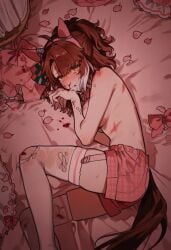 animal_ears black_ribbon blood blood_stain blush bow breasts buckle checkered_ribbon colored_tips cum cum_on_body dantsu_flame_(umamusume) denim denim_shorts eyelashes facial feet_out_of_frame female hair_ribbon hairband highres horse_ears horse_tail injury looking_at_viewer lying medium_breasts multicolored_hair nosebleed on_bed on_side partially_undressed petals pillow pink_bow pink_hairband pink_shorts plaid_clothes plaid_shorts pocket raised_inner_eyebrows red_ribbon ribbed_thighhighs ribbon shorts skindentation solo tail thighhighs topless_female torn_clothes torn_thighhighs two-tone_ribbon umamusume unworn_bow white_thighhighs wiping_face yellow_eyes youzha_kuoyueji_xiaotianshi