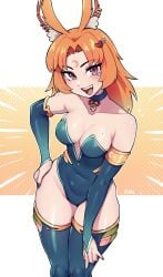 1girls _waist animal_ear_fluff animal_ears character_request choker commission commission_art copyright_request female ginger ginger_hair hourglass_figure lean_figure legwear medium_breasts mole mole_on_breast mole_under_eye narrow_waist oninuer open_mouth open_mouth_smile orange_eyebrows orange_hair orange_hair_female parted_lips red_eyes red_eyes_female slender_body slender_waist slim stockings thigh_highs thighhighs tongue upper_teeth wide_hips