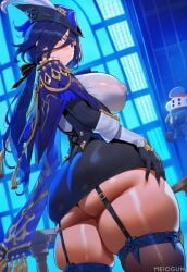1girls ai_generated ass ass_focus big_breasts blue_background blue_hair breasts clorinde_(genshin_impact) covered_nipples expressionless female female_only fontaine_girls genshin_impact gloves hat hi_res high_quality highres huge huge_ass huge_breasts jewelry light-skinned_female long_hair meiogun miniskirt nipples purple_eyes skindentation skirt skirt_lift solo standing thick_thighs wide_hips