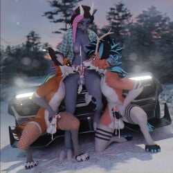 3d_(artwork) anthro bodily_fluids bovid canid canine caprine car crouching cum cumshot digital_media_(artwork) ejaculation female femboy fox futanari genital_fluids genitals goat group hi_res horn intersex intersex/male lagomorph licking male mammal masturbation oral outside outside_sex penile penis penis_lick rabbid_foulfellow_(sanythefox) rose_(rosethegoat) sany_van_fox sanythefox sex sharing_partner snow tongue trio vehicle wings wolpertinger
