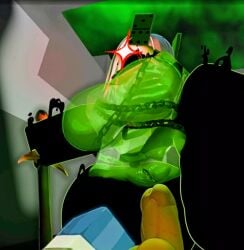 1x1x1x1_(forsaken) 3d betrayed_1x1x1x1 black_arms black_chain black_legs carbdorb dominant_female domino_crown exposed_dick exposed_pussy female forsaken_(roblox) green_background green_crown green_skin hard_cock penis pussy red_eyes repost roblox roblox_game robloxian shedletsky standing sword tagme wet_pussy white_hair